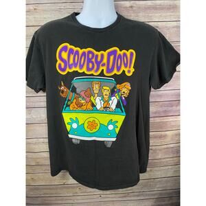 Vintage 90s Mens Medium Faded Spell Out Scooby Doo Cartoon T-Shirt Black Cotton